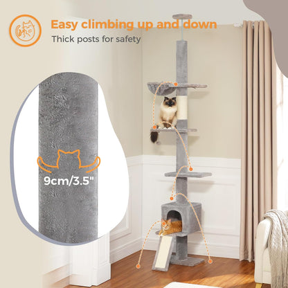 Cat Tree Floor to Ceiling,Cactus Tall Cat Tower, Adjustable Height (83''-108'') 5 Tiers Climbing Tree for Indoor Cats with Cat Condo, Scratching Post and Ladder, Green