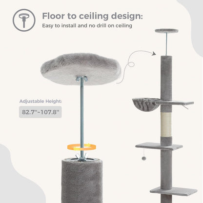 Cat Tree Floor to Ceiling,Cactus Tall Cat Tower, Adjustable Height (83''-108'') 5 Tiers Climbing Tree for Indoor Cats with Cat Condo, Scratching Post and Ladder, Green
