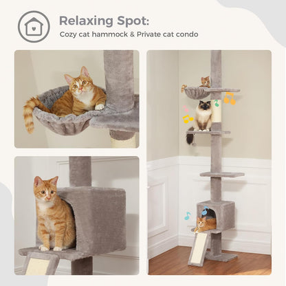 Cat Tree Floor to Ceiling,Cactus Tall Cat Tower, Adjustable Height (83''-108'') 5 Tiers Climbing Tree for Indoor Cats with Cat Condo, Scratching Post and Ladder, Green