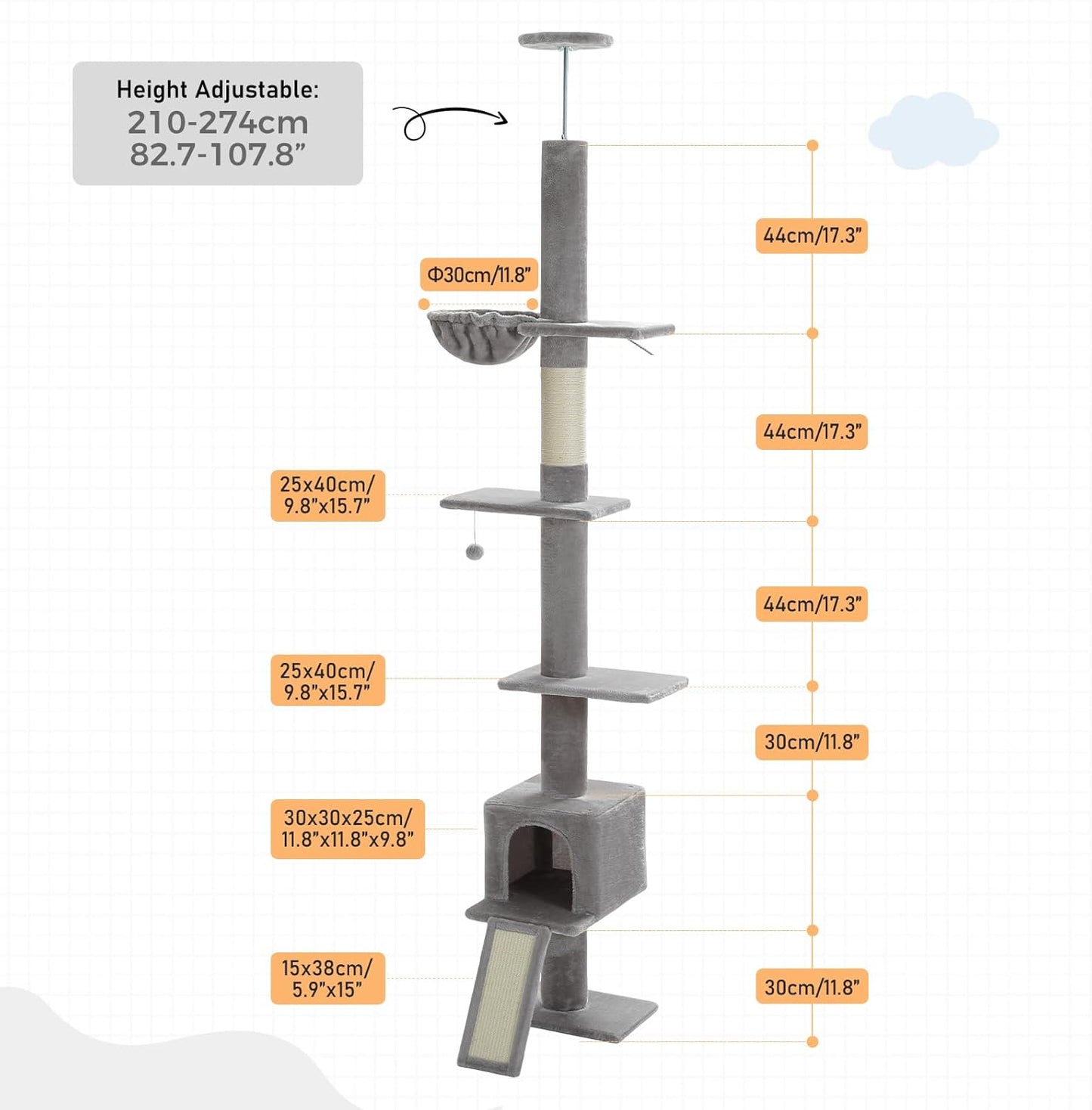 Cat Tree Floor to Ceiling,Cactus Tall Cat Tower, Adjustable Height (83''-108'') 5 Tiers Climbing Tree for Indoor Cats with Cat Condo, Scratching Post and Ladder, Green