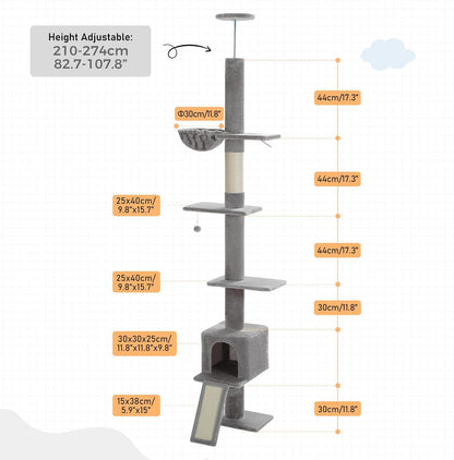 Cat Tree Floor to Ceiling,Cactus Tall Cat Tower, Adjustable Height (83''-108'') 5 Tiers Climbing Tree for Indoor Cats with Cat Condo, Scratching Post and Ladder, Green