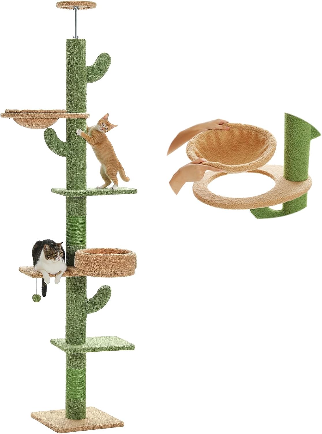Cat Tree Floor to Ceiling,Cactus Tall Cat Tower, Adjustable Height (83''-108'') 5 Tiers Climbing Tree for Indoor Cats with Cat Condo, Scratching Post and Ladder, Green