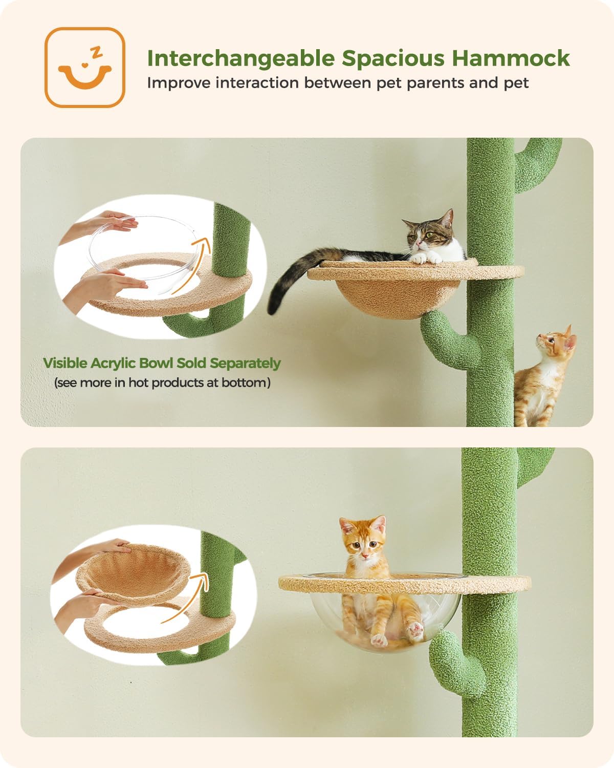 Cat Tree Floor to Ceiling,Cactus Tall Cat Tower, Adjustable Height (83''-108'') 5 Tiers Climbing Tree for Indoor Cats with Cat Condo, Scratching Post and Ladder, Green