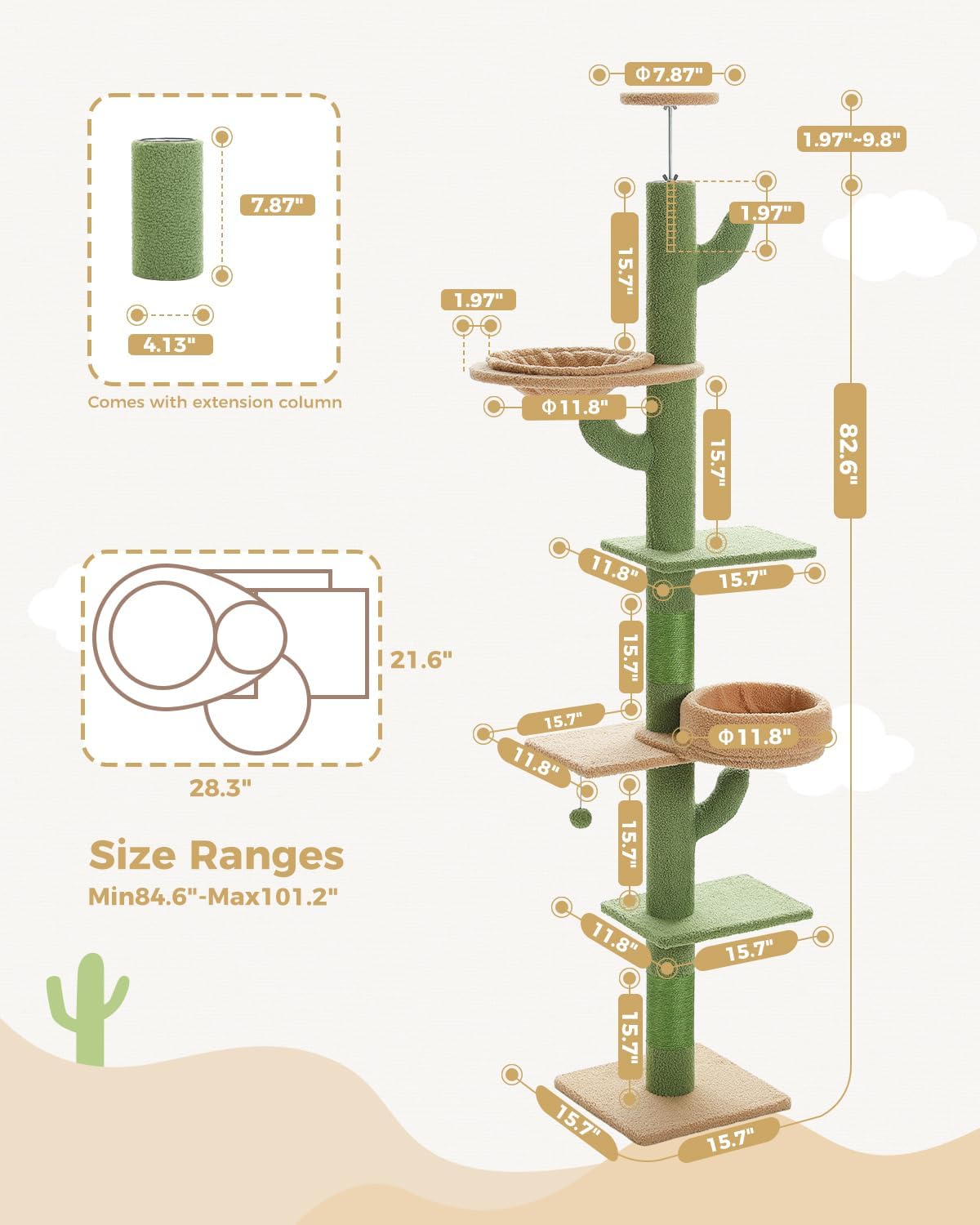Cat Tree Floor to Ceiling,Cactus Tall Cat Tower, Adjustable Height (83''-108'') 5 Tiers Climbing Tree for Indoor Cats with Cat Condo, Scratching Post and Ladder, Green