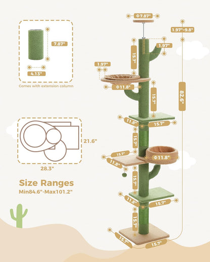 Cat Tree Floor to Ceiling,Cactus Tall Cat Tower, Adjustable Height (83''-108'') 5 Tiers Climbing Tree for Indoor Cats with Cat Condo, Scratching Post and Ladder, Green