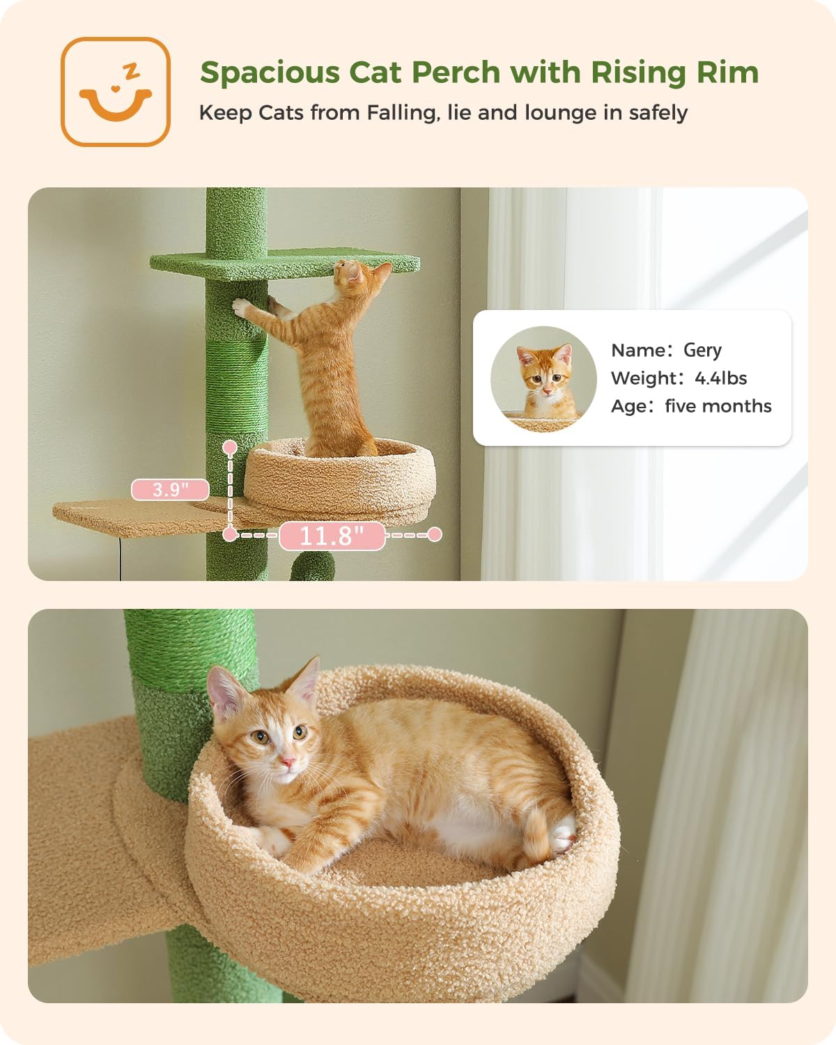 Cat Tree Floor to Ceiling,Cactus Tall Cat Tower, Adjustable Height (83''-108'') 5 Tiers Climbing Tree for Indoor Cats with Cat Condo, Scratching Post and Ladder, Green