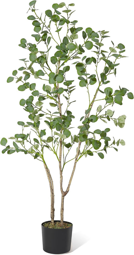7FT Artificial Eucalyptus Tree, Lifelike Fake Plant, Artificial Greenery with Round Leaves, Realistic Olive Tree Décor for Home, Office, Living Room or Desk, Black Pot