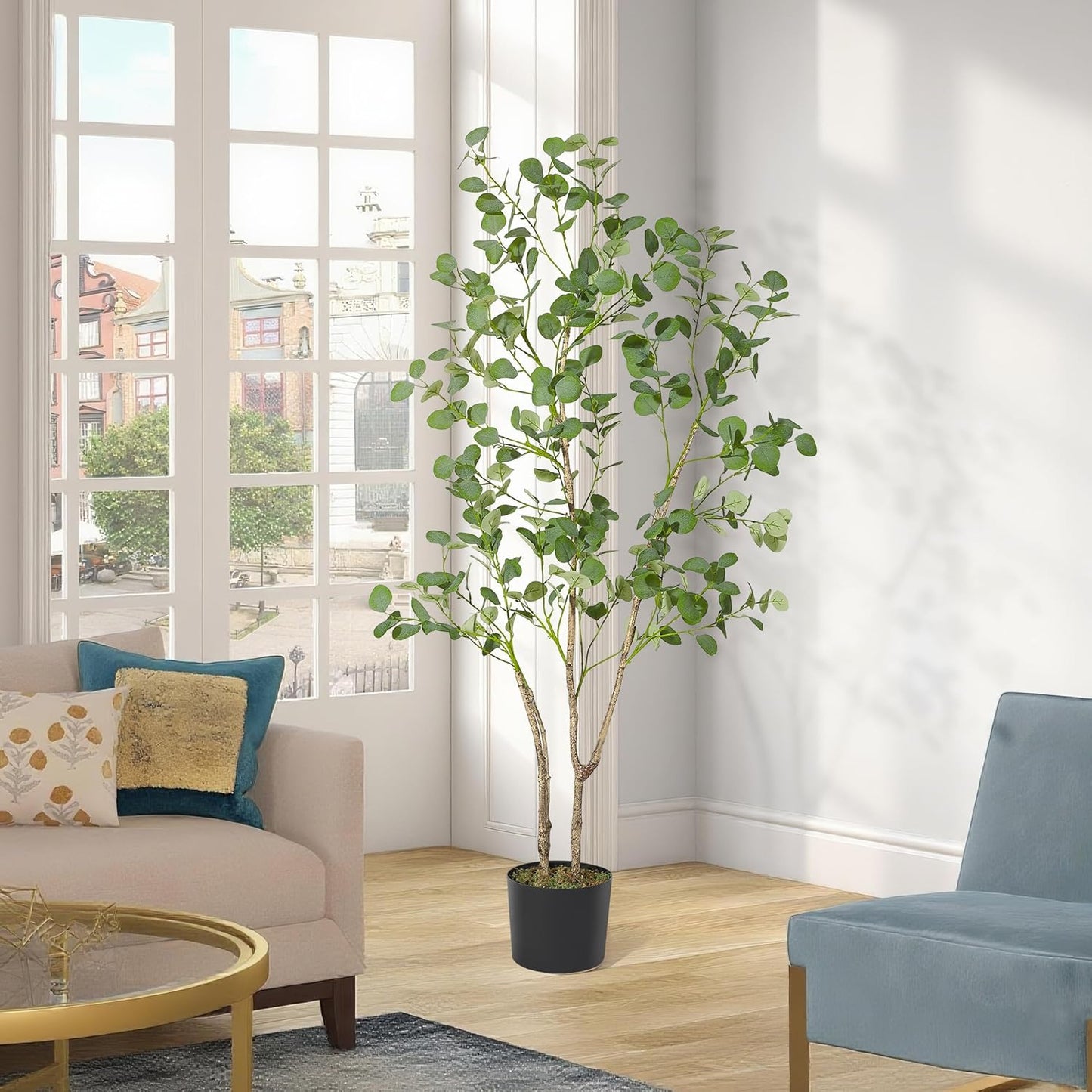 7FT Artificial Eucalyptus Tree, Lifelike Fake Plant, Artificial Greenery with Round Leaves, Realistic Olive Tree Décor for Home, Office, Living Room or Desk, Black Pot