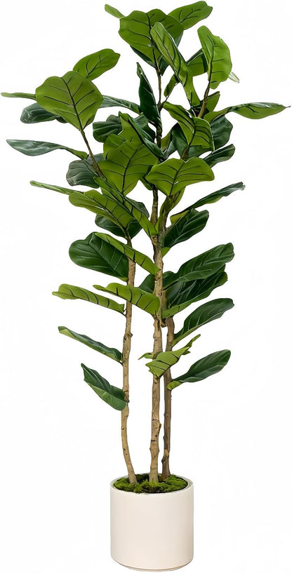 Artificial Fiddle Leaf Fig Tree 5FT with White Tall Planter-Large Faux Tree Tall Fake Floor Plant in Pot,Artificial Plants Indoor for Home Office Living Room Décor(Lyrata 5FT)