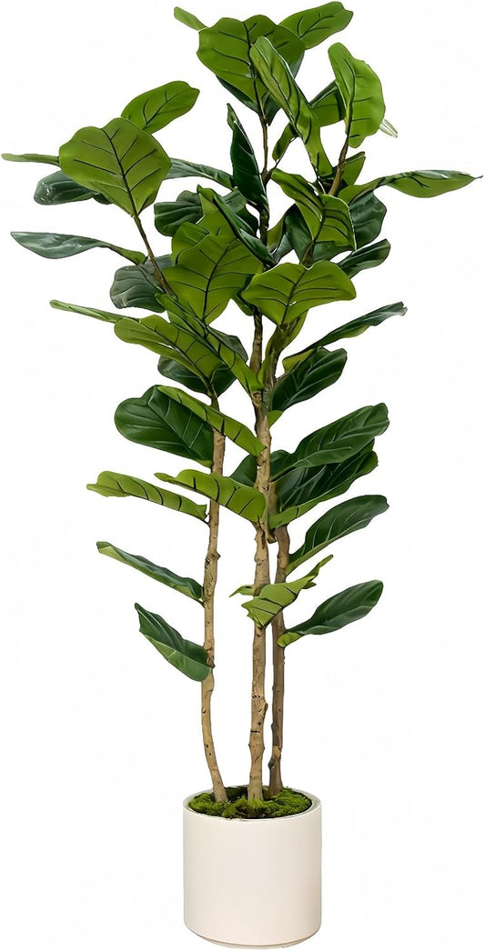 Artificial Fiddle Leaf Fig Tree 5FT with White Tall Planter-Large Faux Tree Tall Fake Floor Plant in Pot,Artificial Plants Indoor for Home Office Living Room Décor(Lyrata 5FT)