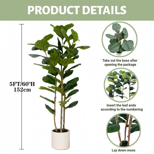 Artificial Fiddle Leaf Fig Tree 5FT with White Tall Planter-Large Faux Tree Tall Fake Floor Plant in Pot,Artificial Plants Indoor for Home Office Living Room Décor(Lyrata 5FT)