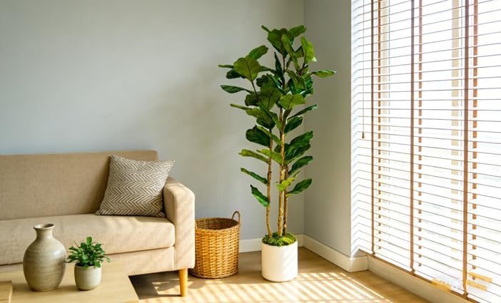 Artificial Fiddle Leaf Fig Tree 5FT with White Tall Planter-Large Faux Tree Tall Fake Floor Plant in Pot,Artificial Plants Indoor for Home Office Living Room Décor(Lyrata 5FT)