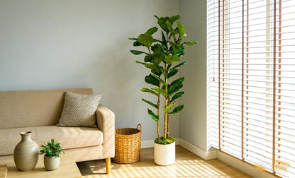 Artificial Fiddle Leaf Fig Tree 5FT with White Tall Planter-Large Faux Tree Tall Fake Floor Plant in Pot,Artificial Plants Indoor for Home Office Living Room Décor(Lyrata 5FT)