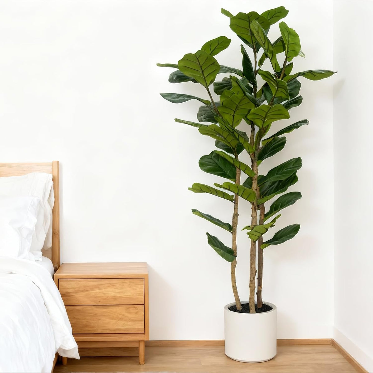 Artificial Fiddle Leaf Fig Tree 5FT with White Tall Planter-Large Faux Tree Tall Fake Floor Plant in Pot,Artificial Plants Indoor for Home Office Living Room Décor(Lyrata 5FT)