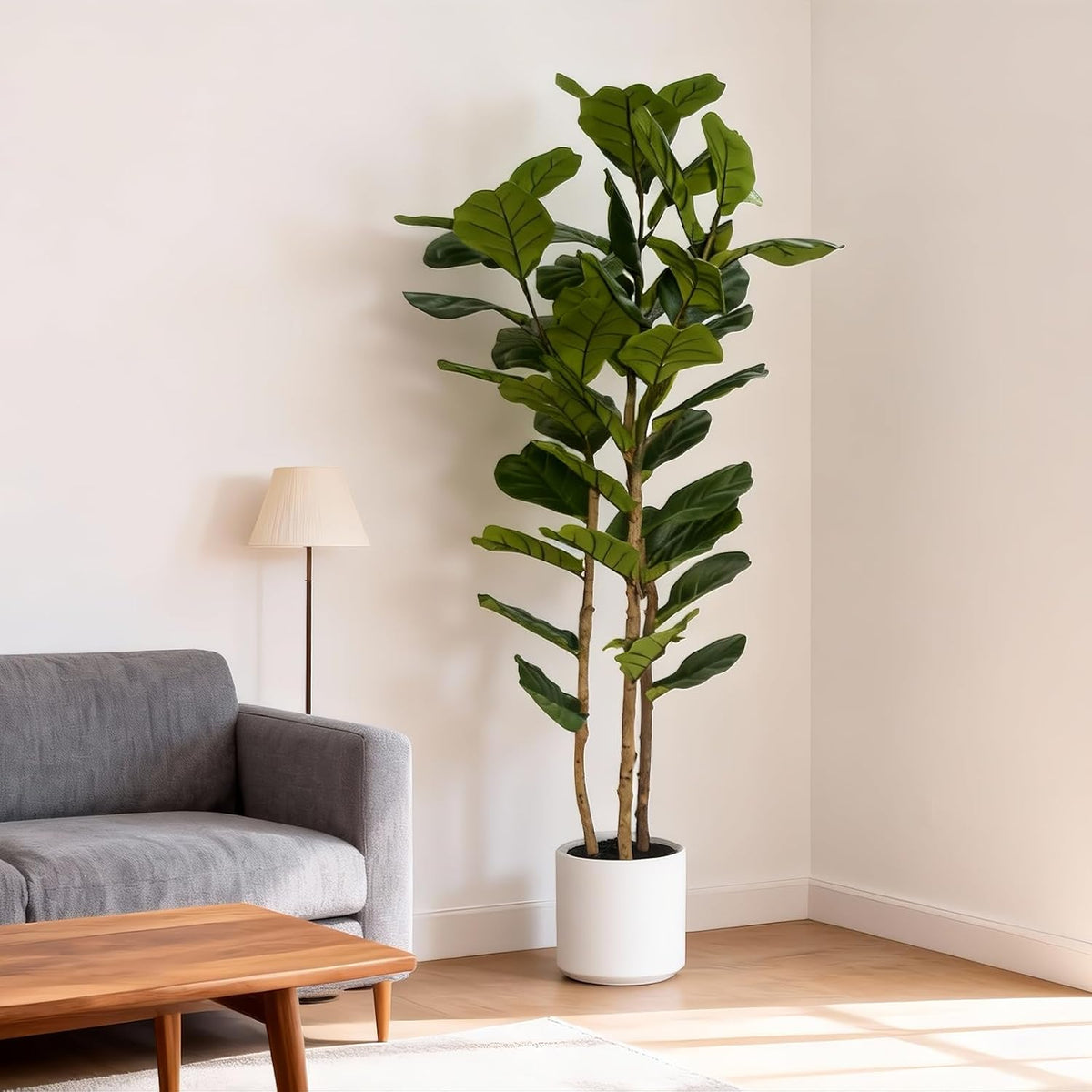 Artificial Fiddle Leaf Fig Tree 5FT with White Tall Planter-Large Faux Tree Tall Fake Floor Plant in Pot,Artificial Plants Indoor for Home Office Living Room Décor(Lyrata 5FT)