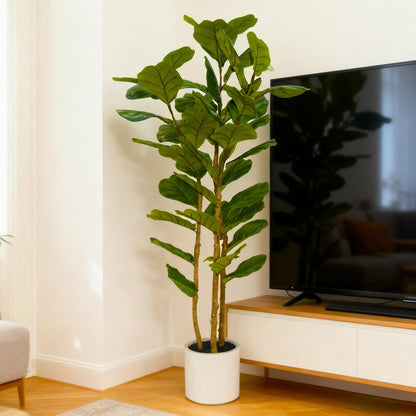 Artificial Fiddle Leaf Fig Tree 5FT with White Tall Planter-Large Faux Tree Tall Fake Floor Plant in Pot,Artificial Plants Indoor for Home Office Living Room Décor(Lyrata 5FT)