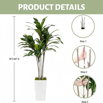 Artificial Fiddle Leaf Fig Tree 5FT with White Tall Planter-Large Faux Tree Tall Fake Floor Plant in Pot,Artificial Plants Indoor for Home Office Living Room Décor(Lyrata 5FT)