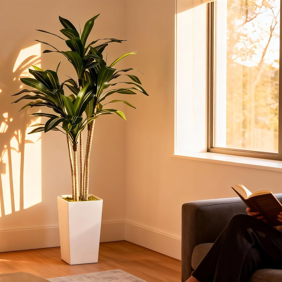 Artificial Fiddle Leaf Fig Tree 5FT with White Tall Planter-Large Faux Tree Tall Fake Floor Plant in Pot,Artificial Plants Indoor for Home Office Living Room Décor(Lyrata 5FT)