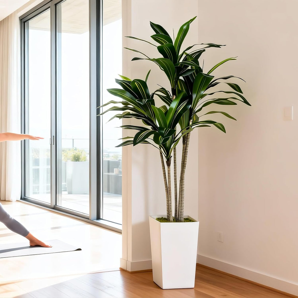 Artificial Fiddle Leaf Fig Tree 5FT with White Tall Planter-Large Faux Tree Tall Fake Floor Plant in Pot,Artificial Plants Indoor for Home Office Living Room Décor(Lyrata 5FT)