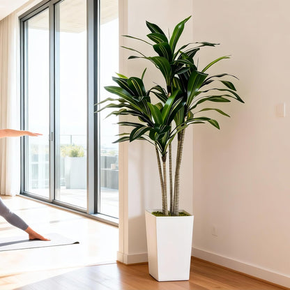 Artificial Fiddle Leaf Fig Tree 5FT with White Tall Planter-Large Faux Tree Tall Fake Floor Plant in Pot,Artificial Plants Indoor for Home Office Living Room Décor(Lyrata 5FT)