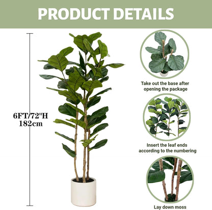 Artificial Fiddle Leaf Fig Tree 5FT with White Tall Planter-Large Faux Tree Tall Fake Floor Plant in Pot,Artificial Plants Indoor for Home Office Living Room Décor(Lyrata 5FT)