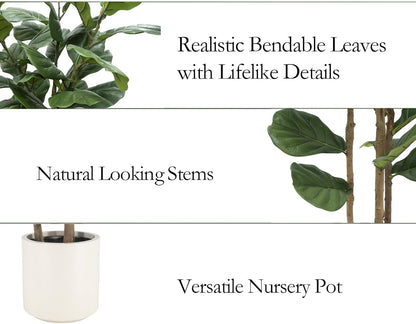 Artificial Fiddle Leaf Fig Tree 5FT with White Tall Planter-Large Faux Tree Tall Fake Floor Plant in Pot,Artificial Plants Indoor for Home Office Living Room Décor(Lyrata 5FT)