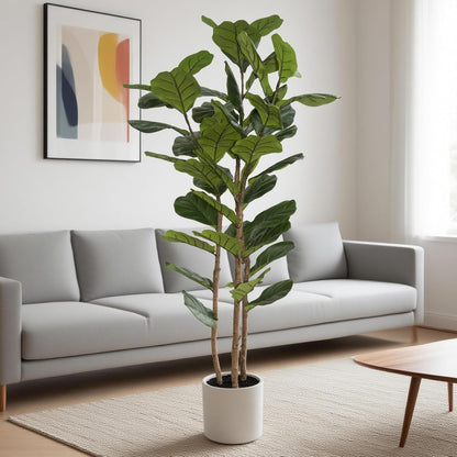 Artificial Fiddle Leaf Fig Tree 5FT with White Tall Planter-Large Faux Tree Tall Fake Floor Plant in Pot,Artificial Plants Indoor for Home Office Living Room Décor(Lyrata 5FT)