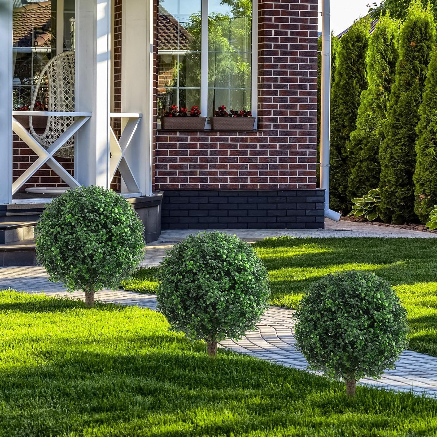 24" Artificial Boxwood Topiary Bushes UV Resistant for Outdoor 2PCS | Artificial Shrubs with Ground Spike, Fake Outdoor Plants with Lavender for Indoor & Outdoor Garden, Yard, Porch, Patio