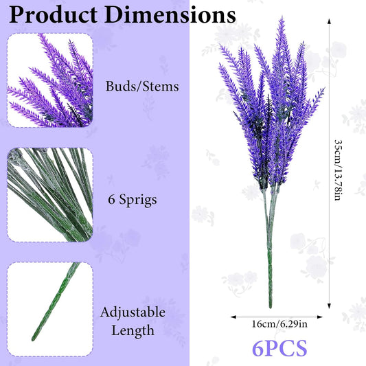 6 Bundles Artificial Lavender Stems, Fake Plastic Purple Flower Fake Lavender Plant Flocked Fakes Lilac Flowers, Decorative Floral Spray Faux Flowers Bouquet for Home Kitchen Wedding Decoration
