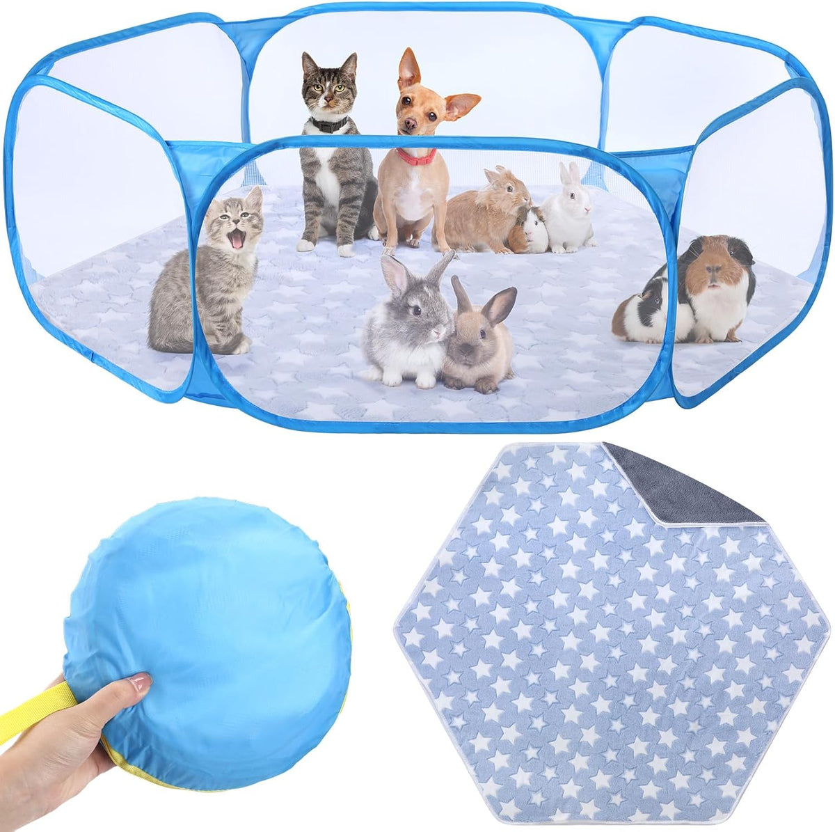 Guinea Pig Playpen with Mat Small Animal, Blue, Star