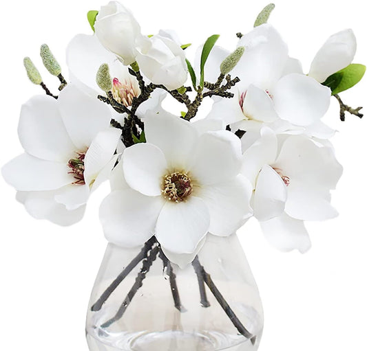 5 Pack Artificial Magnolia Flowers Realistic Silk Magnolia with Green Leaves Real Touch Magnolia Bouquet for Wedding Home Office Table Centerpiece Decor