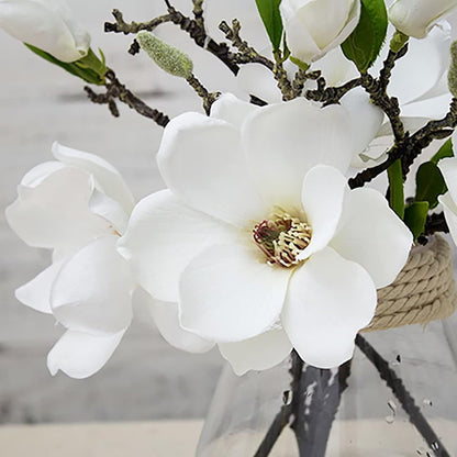 5 Pack Artificial Magnolia Flowers Realistic Silk Magnolia with Green Leaves Real Touch Magnolia Bouquet for Wedding Home Office Table Centerpiece Decor