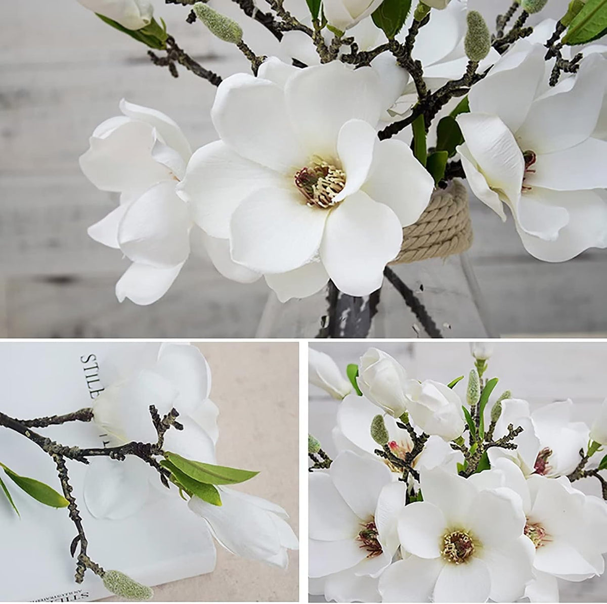 5 Pack Artificial Magnolia Flowers Realistic Silk Magnolia with Green Leaves Real Touch Magnolia Bouquet for Wedding Home Office Table Centerpiece Decor