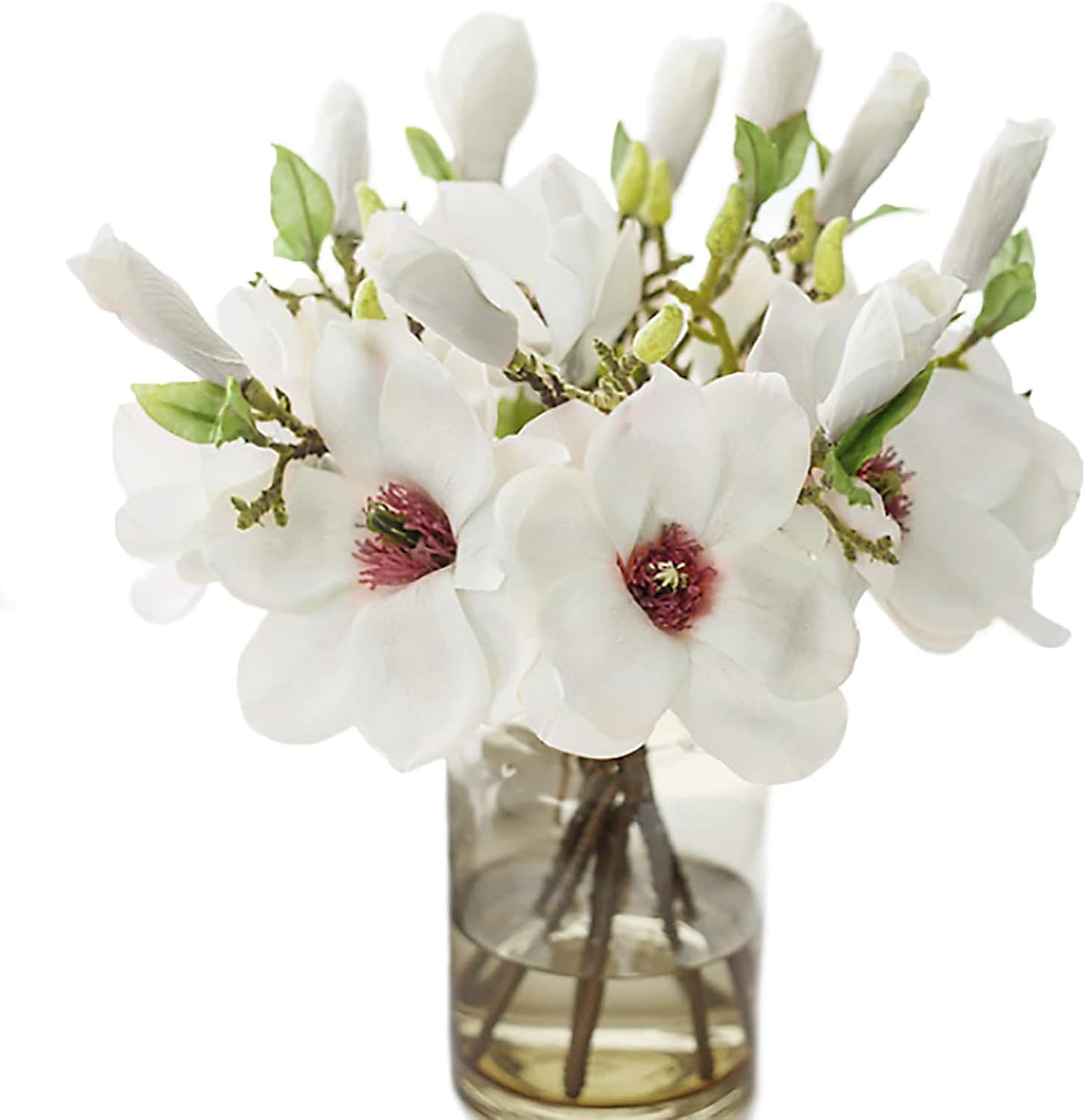 5 Pack Artificial Magnolia Flowers Realistic Silk Magnolia with Green Leaves Real Touch Magnolia Bouquet for Wedding Home Office Table Centerpiece Decor