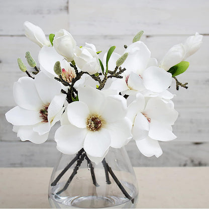 5 Pack Artificial Magnolia Flowers Realistic Silk Magnolia with Green Leaves Real Touch Magnolia Bouquet for Wedding Home Office Table Centerpiece Decor