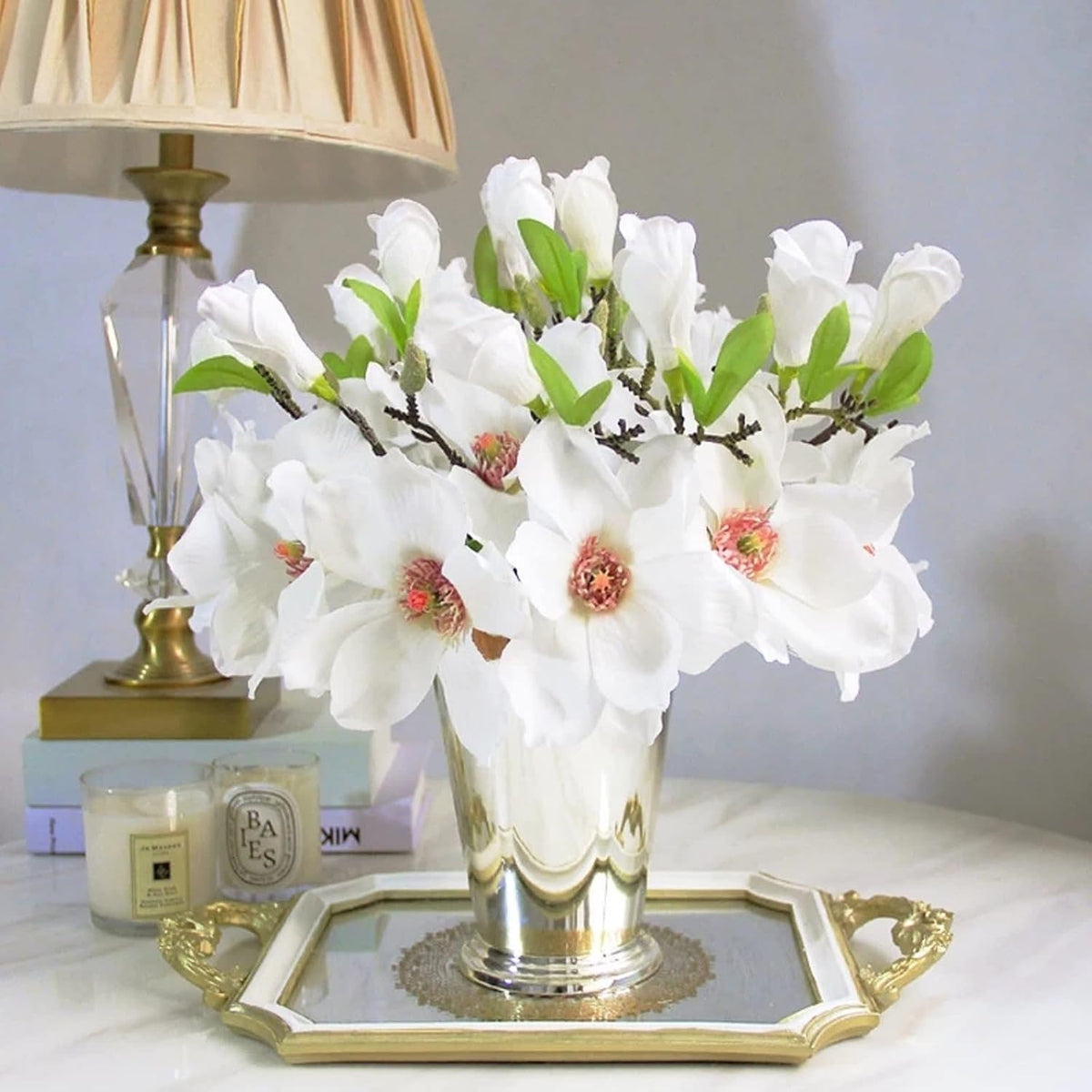 5 Pack Artificial Magnolia Flowers Realistic Silk Magnolia with Green Leaves Real Touch Magnolia Bouquet for Wedding Home Office Table Centerpiece Decor