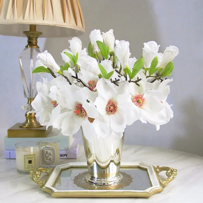 5 Pack Artificial Magnolia Flowers Realistic Silk Magnolia with Green Leaves Real Touch Magnolia Bouquet for Wedding Home Office Table Centerpiece Decor