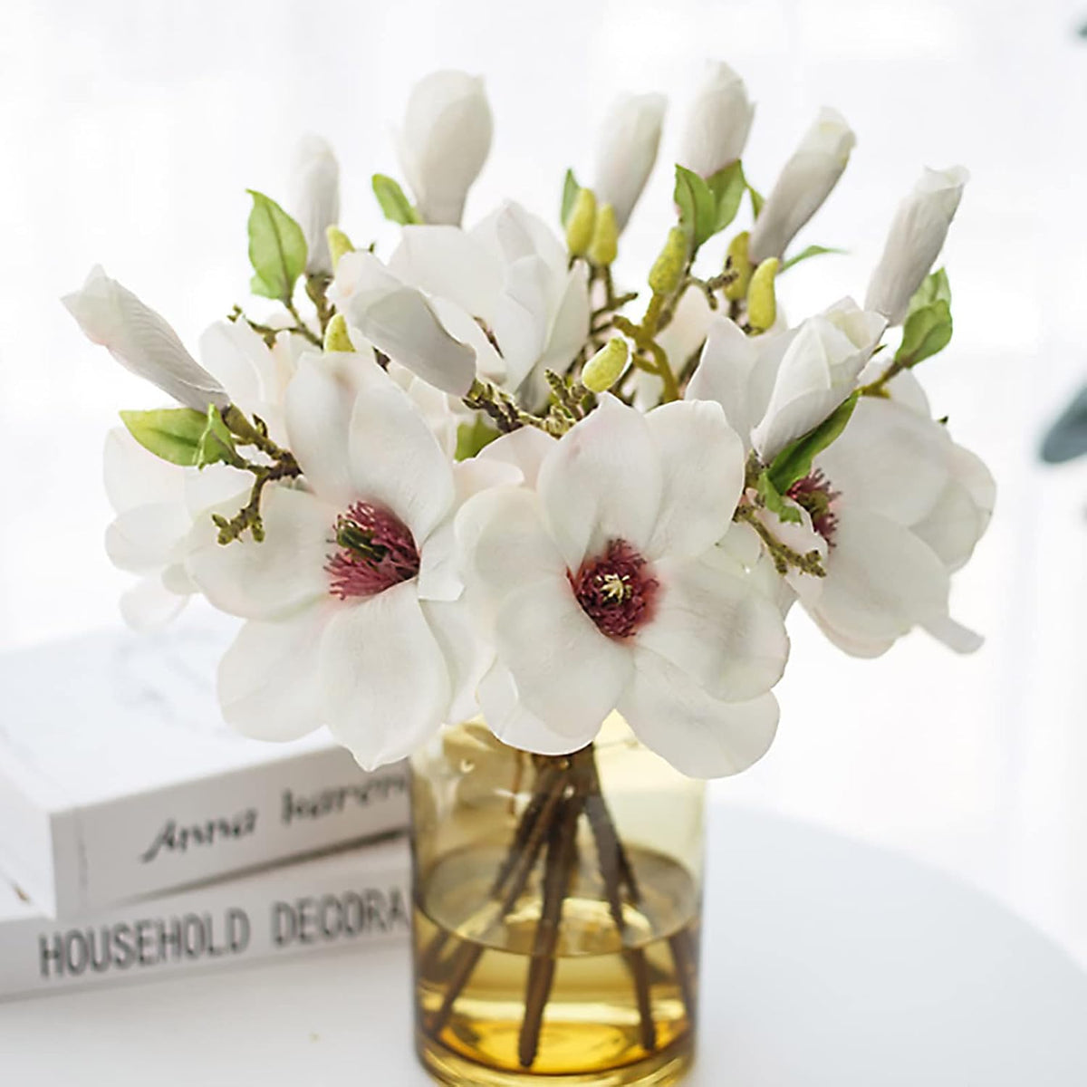 5 Pack Artificial Magnolia Flowers Realistic Silk Magnolia with Green Leaves Real Touch Magnolia Bouquet for Wedding Home Office Table Centerpiece Decor