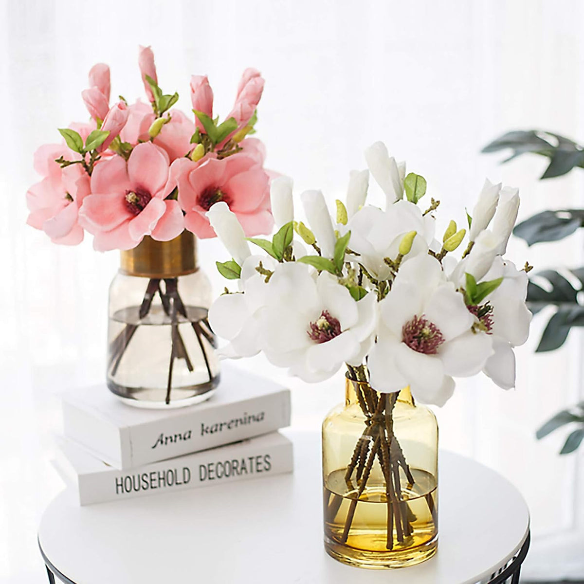 5 Pack Artificial Magnolia Flowers Realistic Silk Magnolia with Green Leaves Real Touch Magnolia Bouquet for Wedding Home Office Table Centerpiece Decor