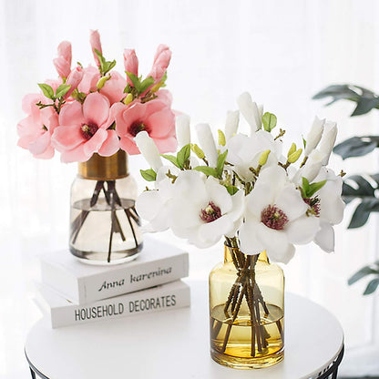 5 Pack Artificial Magnolia Flowers Realistic Silk Magnolia with Green Leaves Real Touch Magnolia Bouquet for Wedding Home Office Table Centerpiece Decor