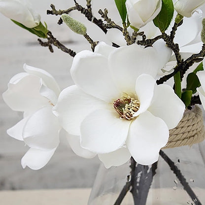 5 Pack Artificial Magnolia Flowers Realistic Silk Magnolia with Green Leaves Real Touch Magnolia Bouquet for Wedding Home Office Table Centerpiece Decor