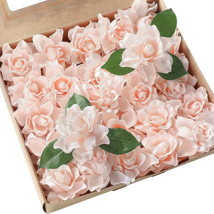 Artificial Gardenia Flowers 2.7" 25pcs Real Looking Ivory Foam Fake Flowers with Stems for DIY Wedding Bouquets Bridal Shower Centerpieces Floral Arrangements Party Tables Home Decorations