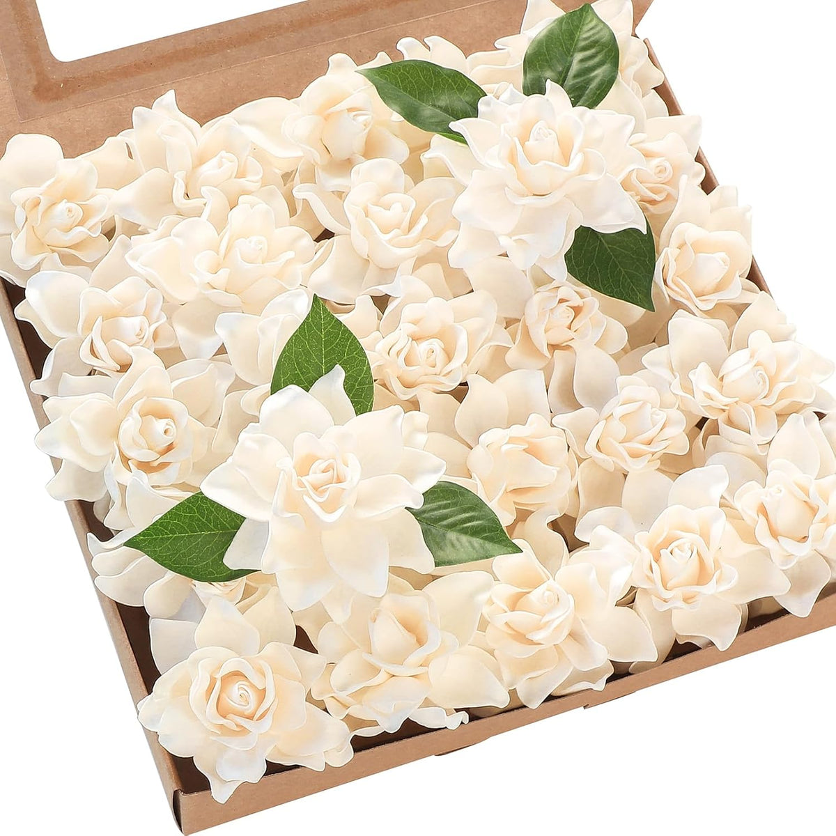 Artificial Gardenia Flowers 2.7" 25pcs Real Looking Ivory Foam Fake Flowers with Stems for DIY Wedding Bouquets Bridal Shower Centerpieces Floral Arrangements Party Tables Home Decorations