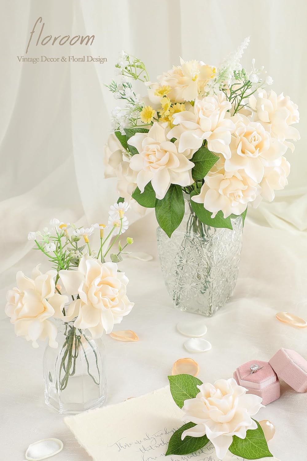 Artificial Gardenia Flowers 2.7" 25pcs Real Looking Ivory Foam Fake Flowers with Stems for DIY Wedding Bouquets Bridal Shower Centerpieces Floral Arrangements Party Tables Home Decorations