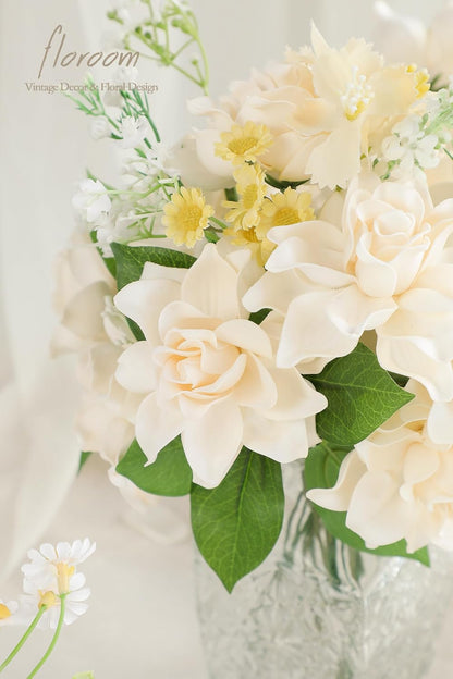 Artificial Gardenia Flowers 2.7" 25pcs Real Looking Ivory Foam Fake Flowers with Stems for DIY Wedding Bouquets Bridal Shower Centerpieces Floral Arrangements Party Tables Home Decorations