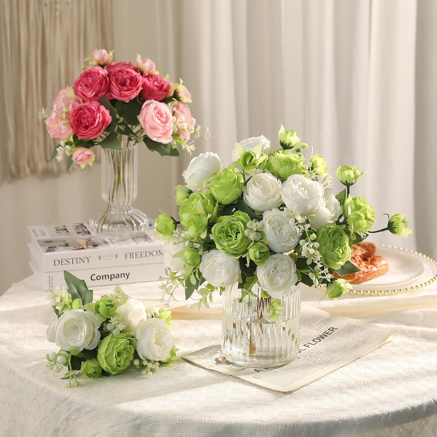 Floweroyal 2 Bunches Peony Artificial Flowers Pink Flowers Silk Peonies Bouquets for Wedding Party Table Centerpieces Floral Arrangement Home Kitchen Decor