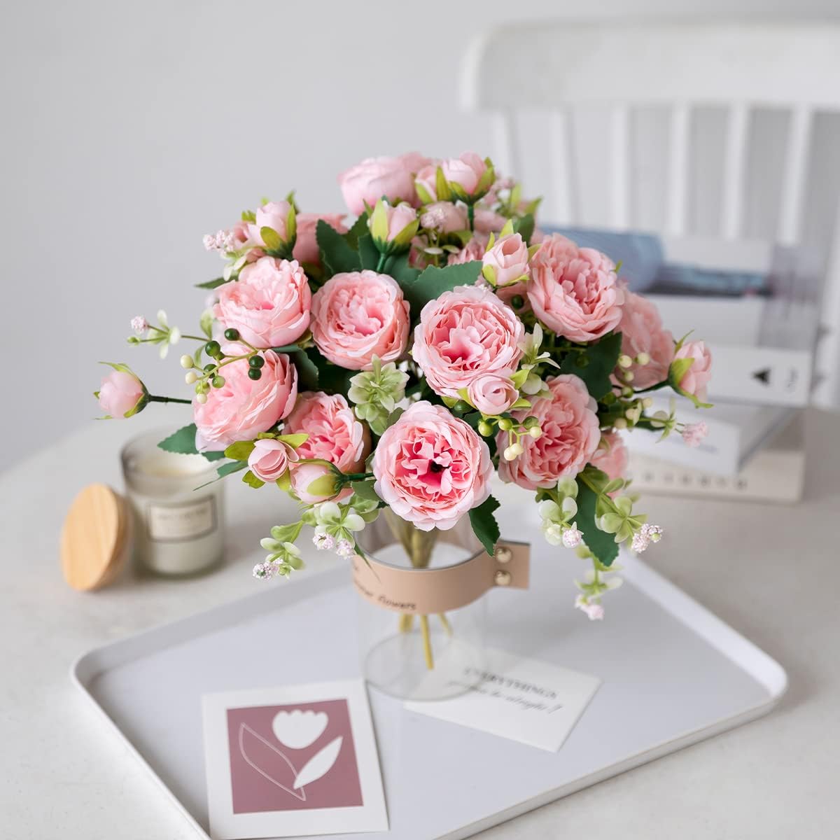 Floweroyal 2 Bunches Peony Artificial Flowers Pink Flowers Silk Peonies Bouquets for Wedding Party Table Centerpieces Floral Arrangement Home Kitchen Decor