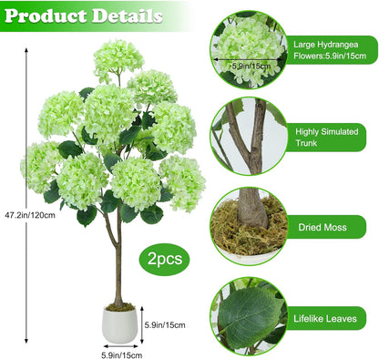 2 Pcs 4Ft Artificial Hydrangea Tree Potted Plants, Fake Flowers Tree | Faux Silk Hydrangea Plant in Pot, Artificial Hydrangea Push for Indoor Outdoor Decoration, Hydrangea Topiary