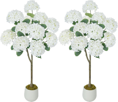 2 Pcs 4Ft Artificial Hydrangea Tree Potted Plants, Fake Flowers Tree | Faux Silk Hydrangea Plant in Pot, Artificial Hydrangea Push for Indoor Outdoor Decoration, Hydrangea Topiary
