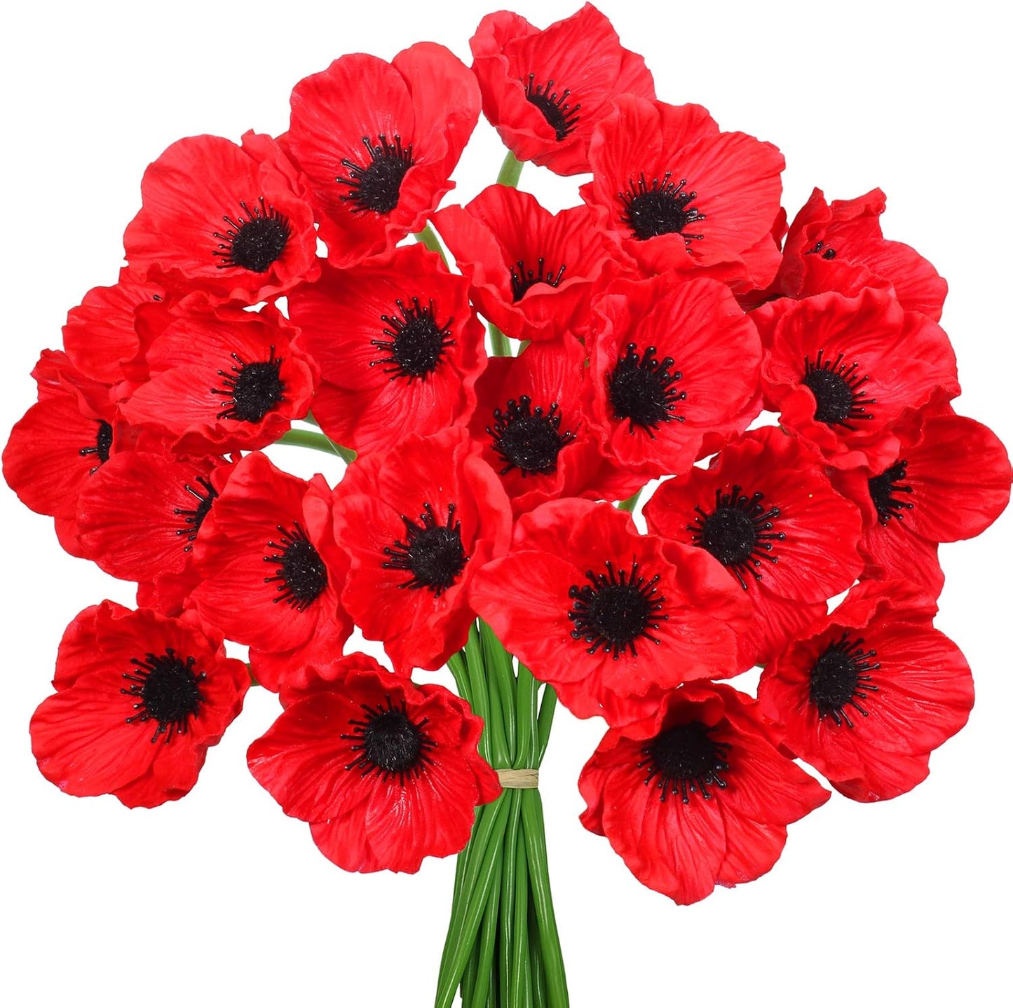 24 pcs Artificial Red Flower Stems PU Real Touch Flower Fake Flowers in Red with Black Center 11.6" Tall for Wedding Bouquets Corsages Centerpiece Floral Arrangements
